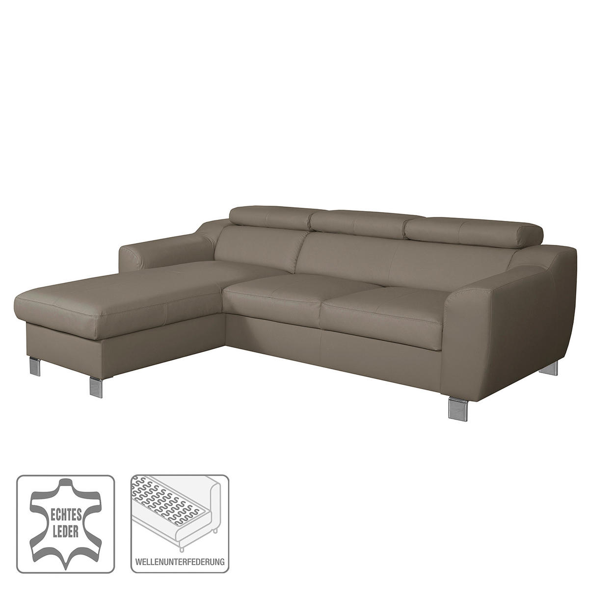 ECKSOFA in Lederlook Echtleder Taupe  - Taupe/Chromfarben, Design, Leder/Textil (176/242cm) - Livetastic