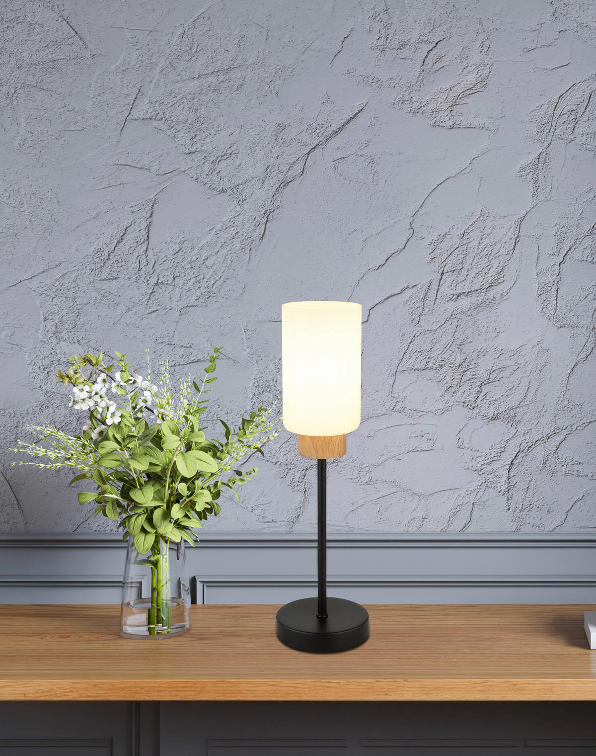 TISCHLEUCHTE Rowena 12/42 cm  - Opal/Schwarz, Design, Glas/Holz (12/42cm) - Globo