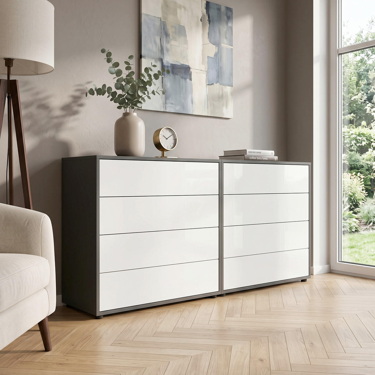 SIDEBOARD Mailand Set 1 158/73/33 cm 8 Schublade(n)  - Weiß Hochglanz/Anthrazit, MODERN, Holzwerkstoff/Kunststoff (158/73/33cm) - MID.YOU