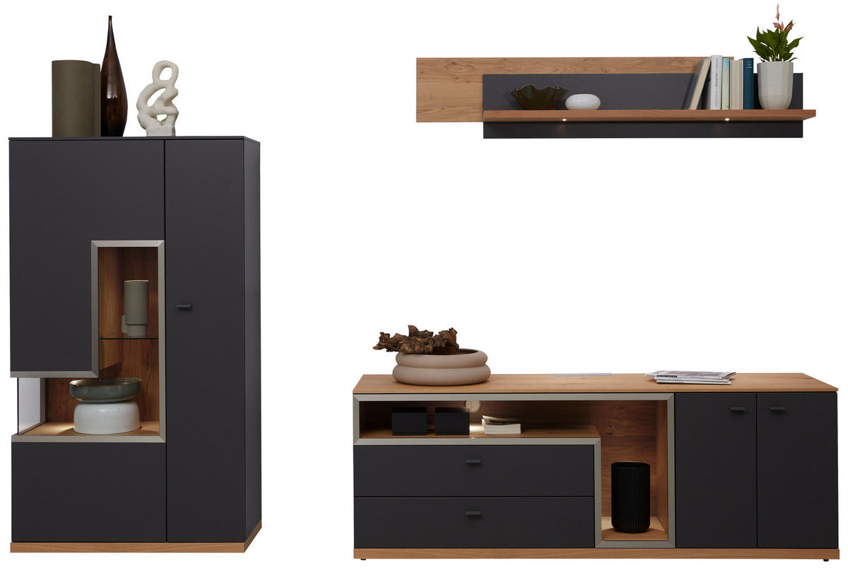 WOHNWAND 3-teilig  Grau, Eichefarben 290/161/52 cm  - Schieferfarben/Eichefarben, Design, Glas/Holz (290/161/52cm) - Dieter Knoll