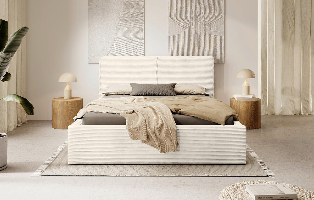 POLSTERBETT 140/200 cm, inkl. Lattenrost, Bettkasten,  in Creme  - Creme/Schwarz, MODERN, Holz/Textil (140/200cm) - MID.YOU