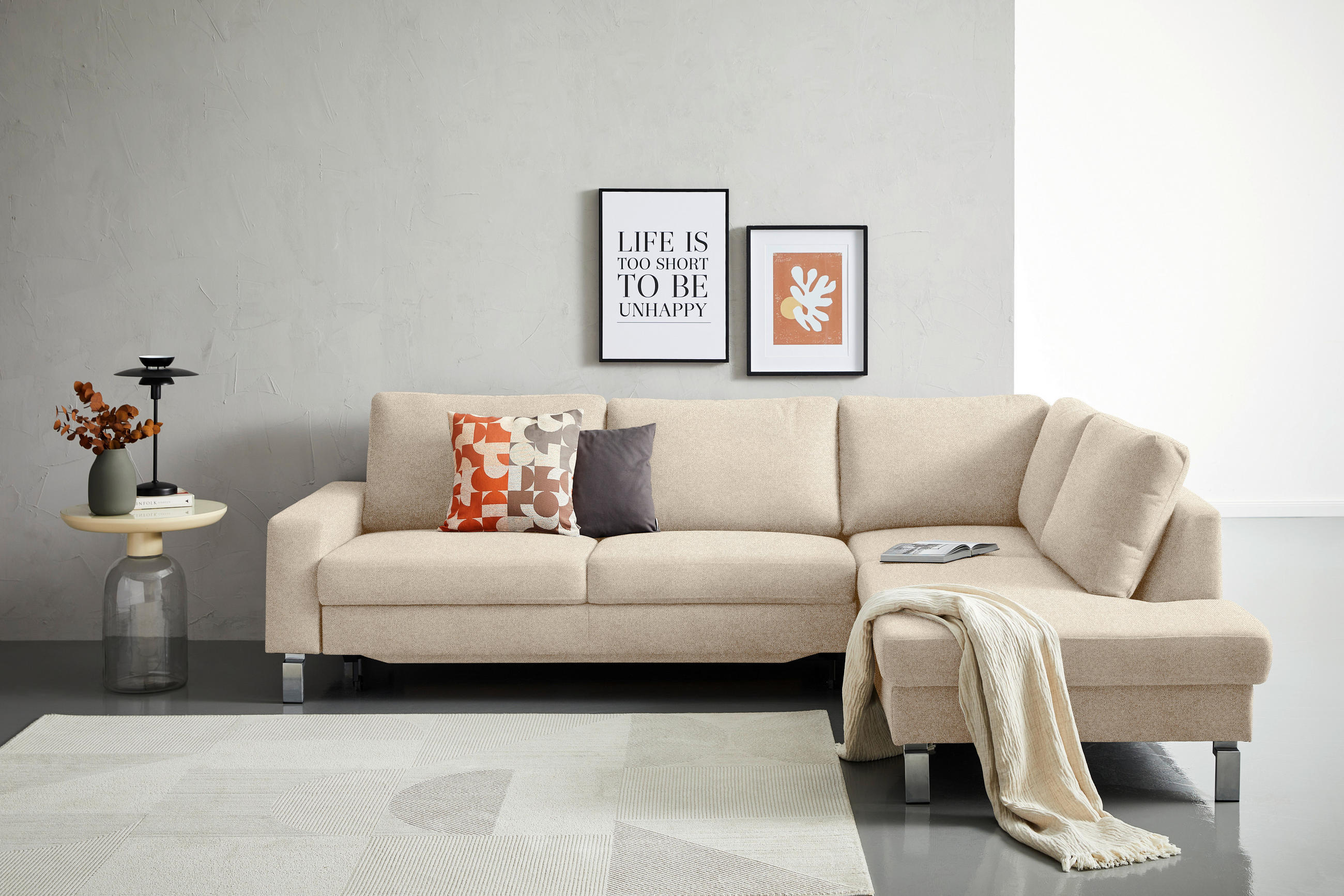 ECKSOFA in Flachgewebe Beige  - Chromfarben/Beige, Design, Textil/Metall (276/200cm) - Hom`in