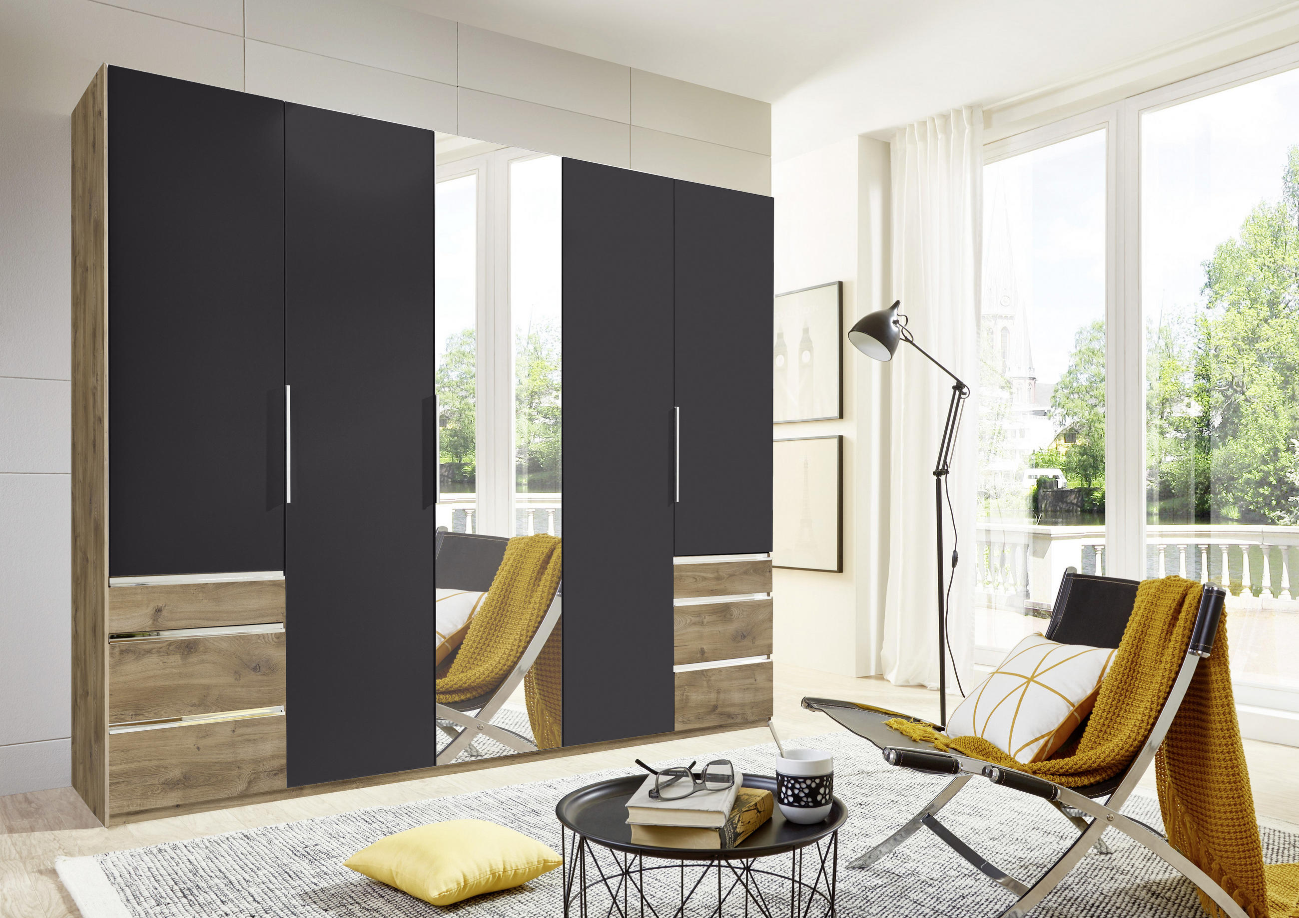 DREHTÜRENSCHRANK in Graphitfarben, Eichefarben  - Chromfarben/Eichefarben, Modern, Glas/Holzwerkstoff (250/216/58cm) - MID.YOU