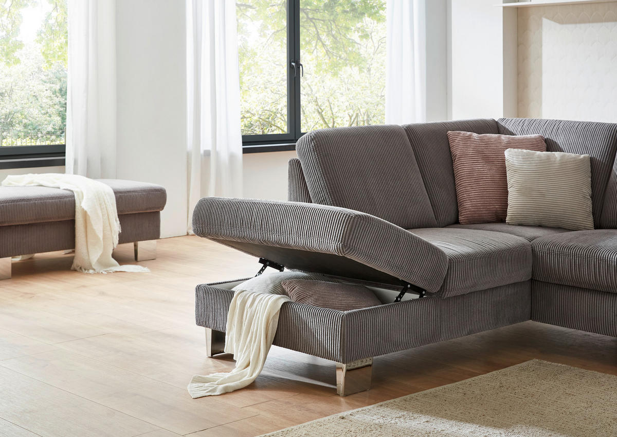 ECKSOFA in Cord Anthrazit  - Edelstahlfarben/Anthrazit, Konventionell, Textil/Metall (200/248cm) - Beldomo System