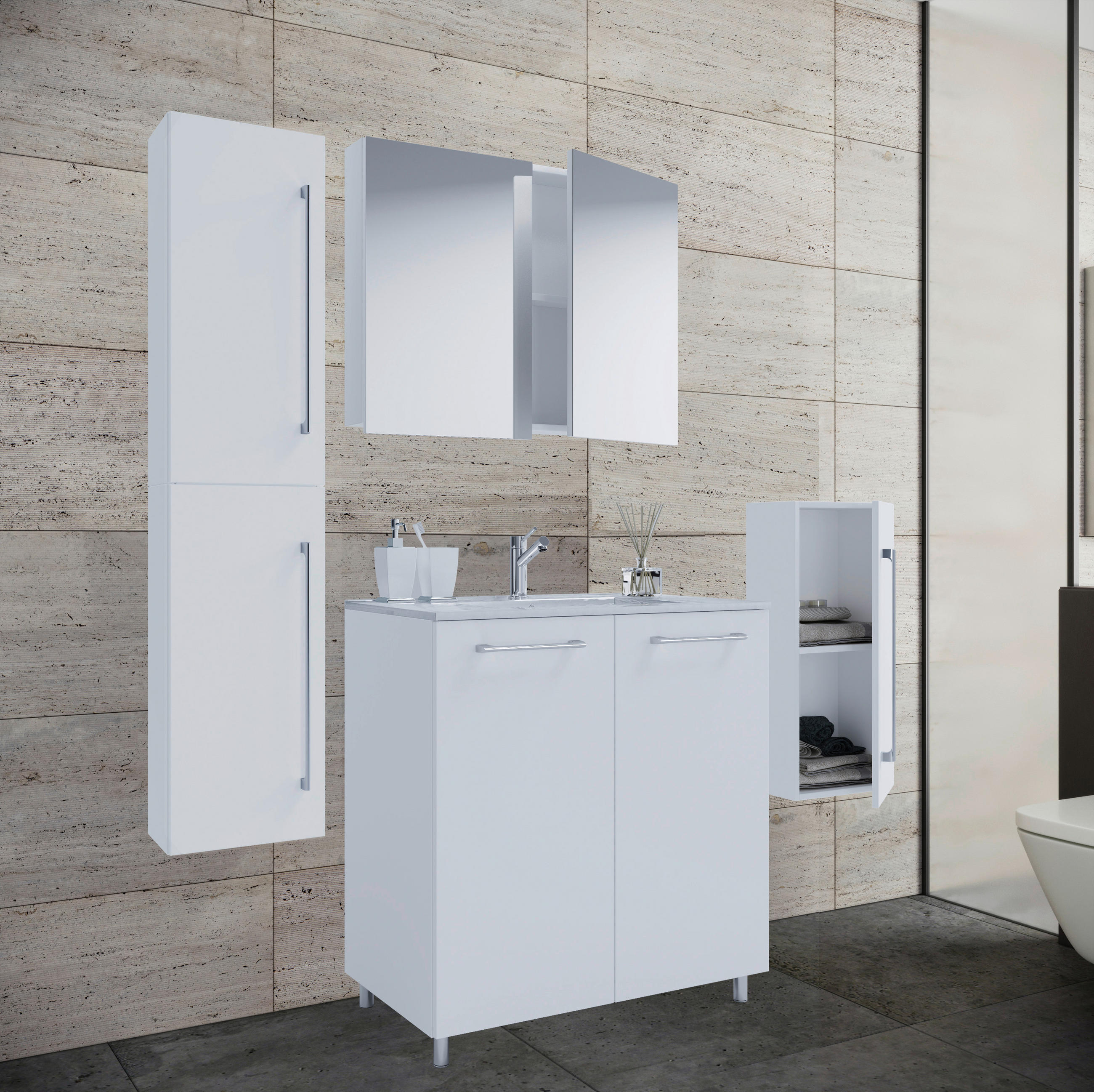 BADEZIMMER 5-teilig  in 147 cm  - Weiss/Alufarben, Modern, Keramik/Holzwerkstoff (147cm) - MID.YOU