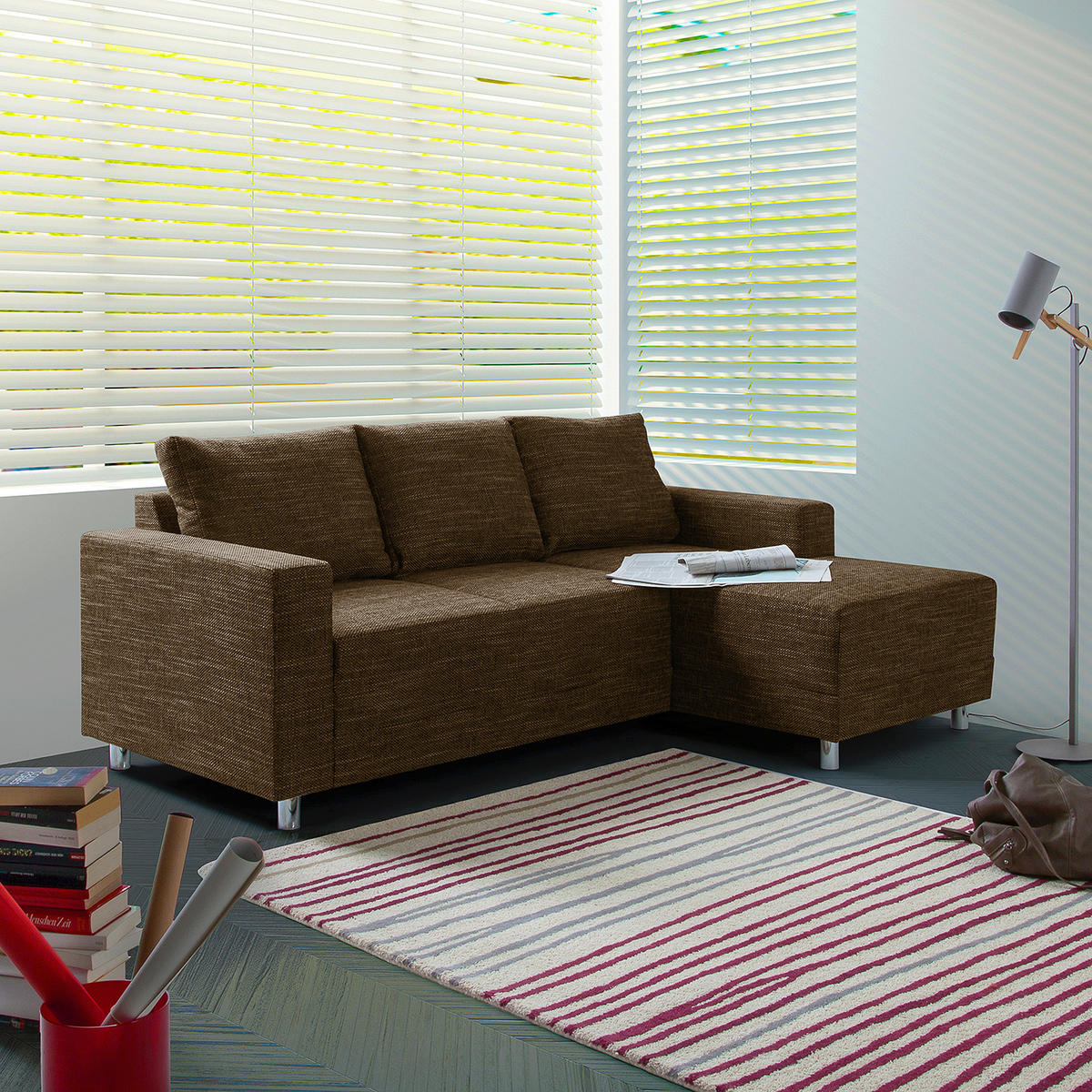 ECKSOFA Braun Struktur  - Chromfarben/Braun, Design, Textil/Metall (200/144cm) - MID.YOU