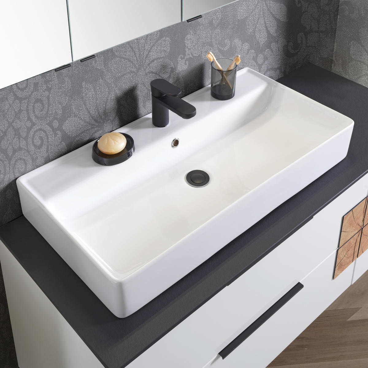 WASCHTISCHKOMBI 122 cm  - Weiß Hochglanz/Schwarz, KONVENTIONELL, Glas/Keramik (122cm) - Voleo