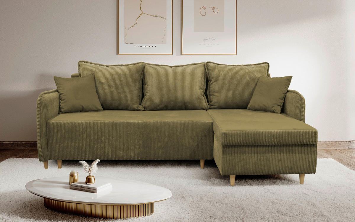 ECKSOFA TEDDY Grün Cord, Bouclé Zierkissen, Rückenkissen, Bettkasten  - Naturfarben/Grün, Design, Holz/Textil (215/142cm) - MID.YOU