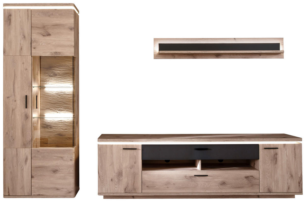 WOHNWAND 3-teilig  in Anthrazit, Eiche dunkel  295/208/50 cm  - Eiche dunkel/Anthrazit, KONVENTIONELL, Glas/Holzwerkstoff (295/208/50cm) - Cantus