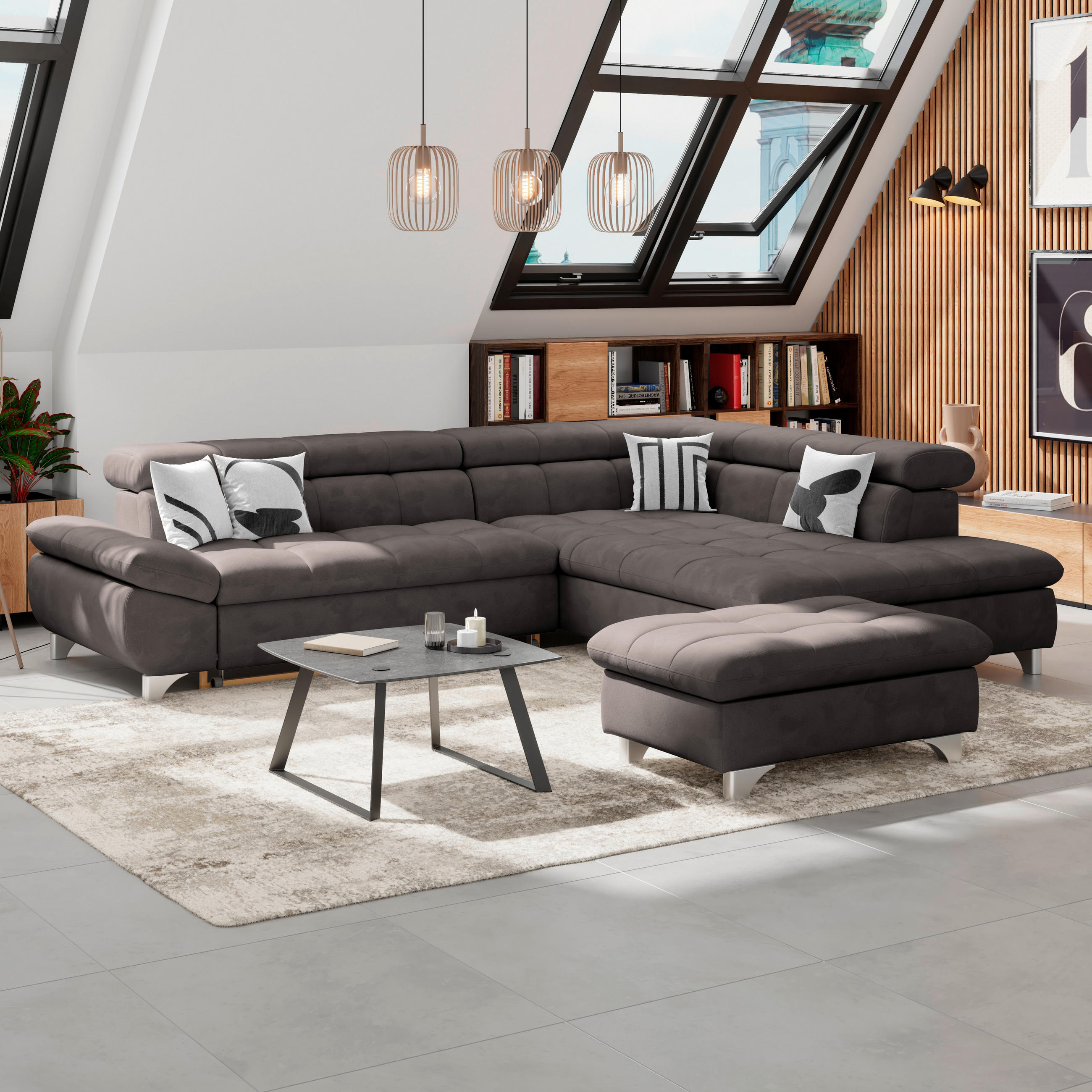 HOCKER Chenille Graubraun  - Chromfarben/Graubraun, KONVENTIONELL, Textil/Metall (108/46/108cm) - Livetastic