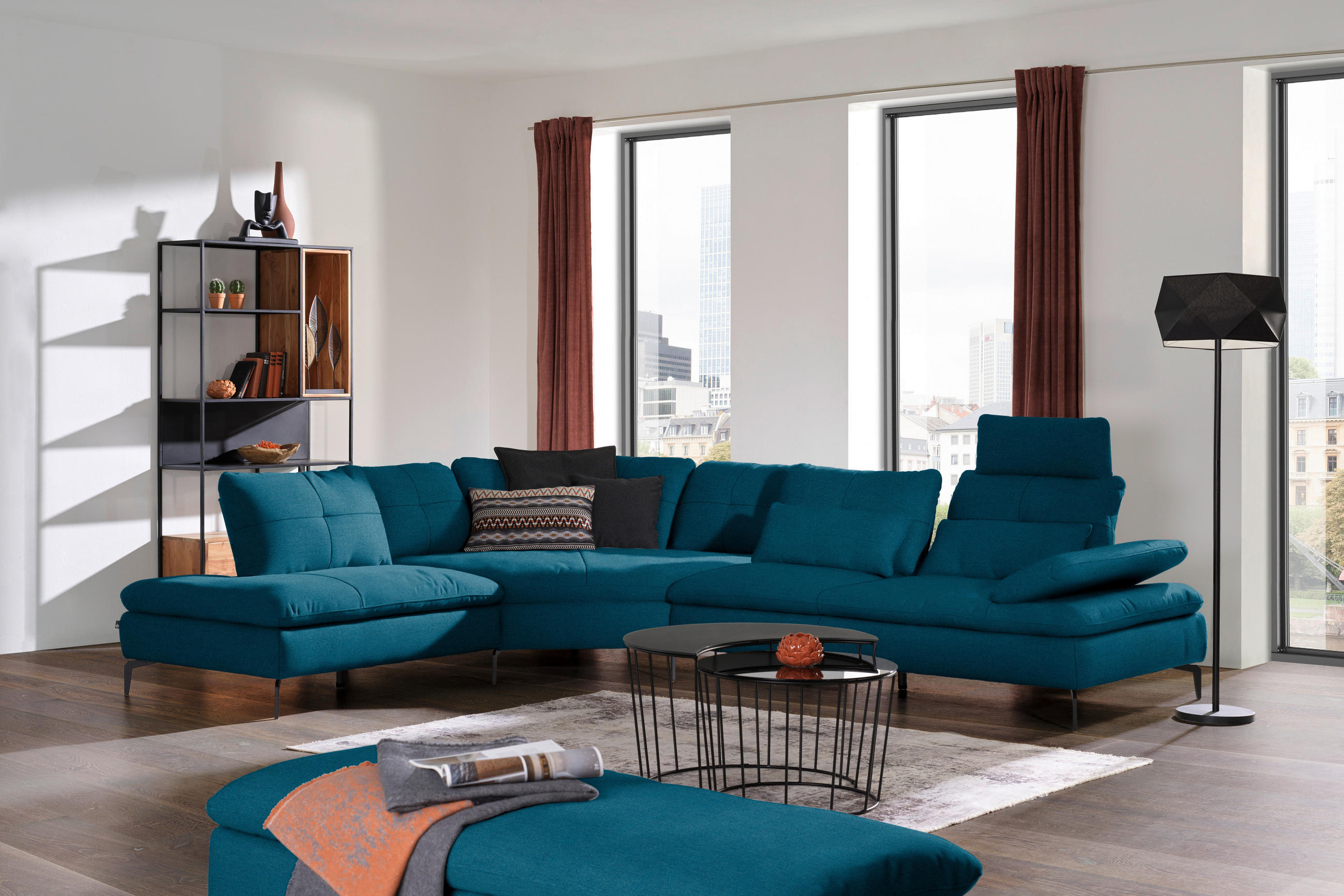 ECKSOFA in Flachgewebe Dunkelblau  - Schwarz/Dunkelblau, Design, Textil/Metall (271/344cm) - Chilliano