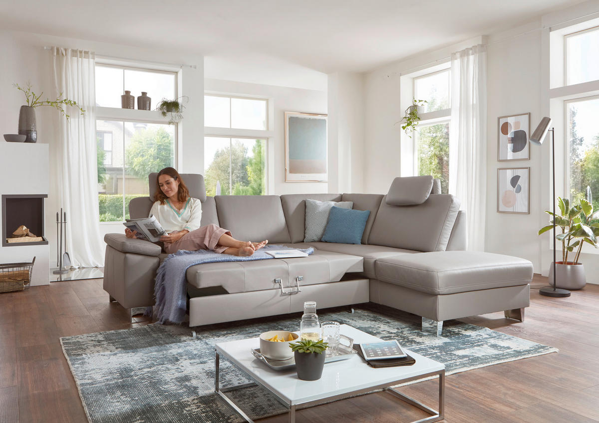 ECKSOFA in Echtleder Grau  248/235 cm  - Beige/Alufarben, Design, Leder/Metall (248/235cm) - Beldomo Premium
