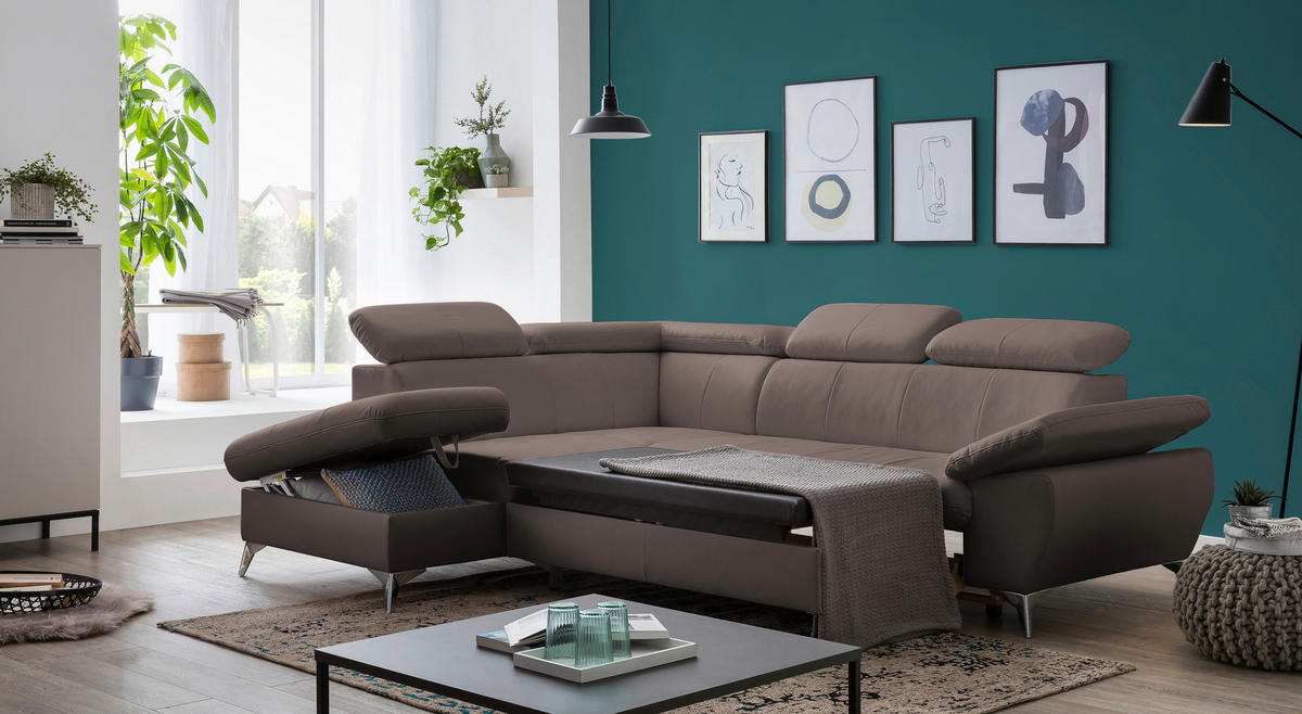 ECKSOFA Braun Lederlook  - Chromfarben/Braun, KONVENTIONELL, Textil/Metall (209/256cm) - Livetastic