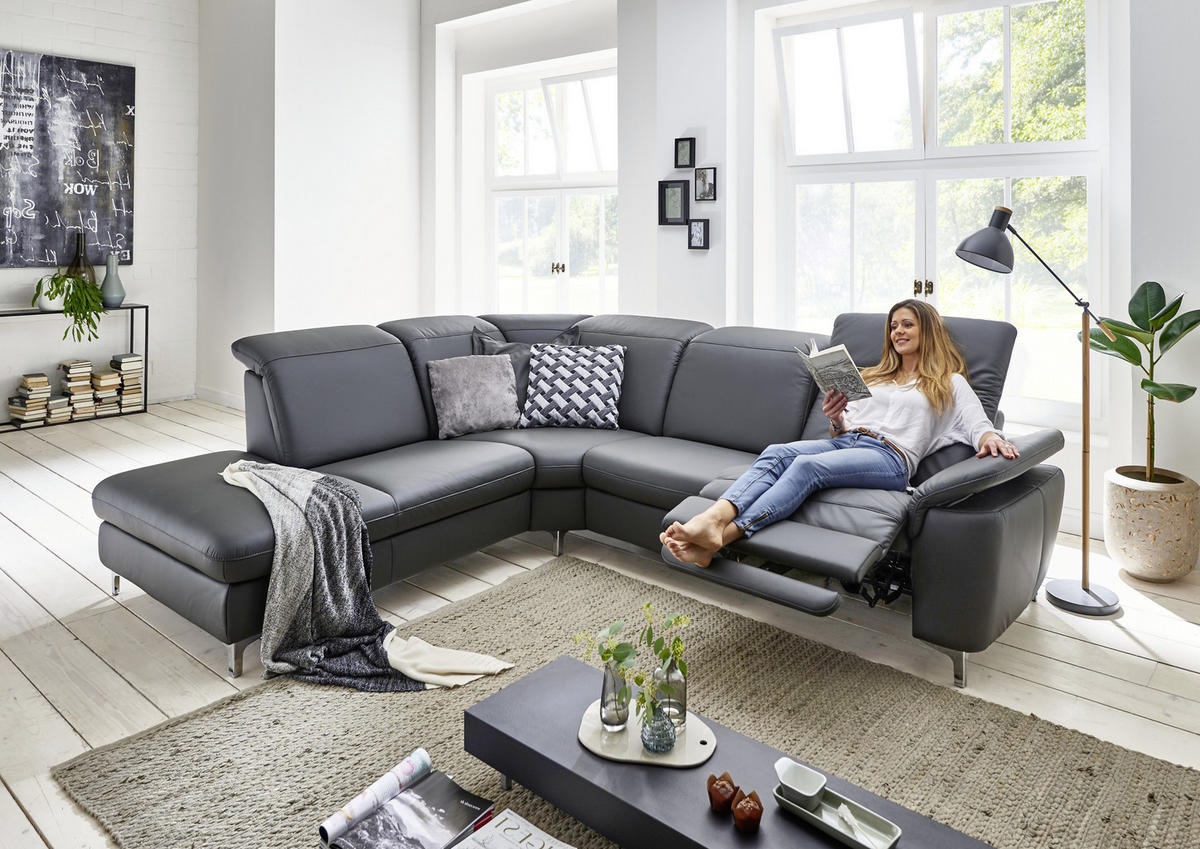 ECKSOFA Anthrazit Echtleder  - Chromfarben/Anthrazit, KONVENTIONELL, Leder/Metall (242/289cm) - Cantus