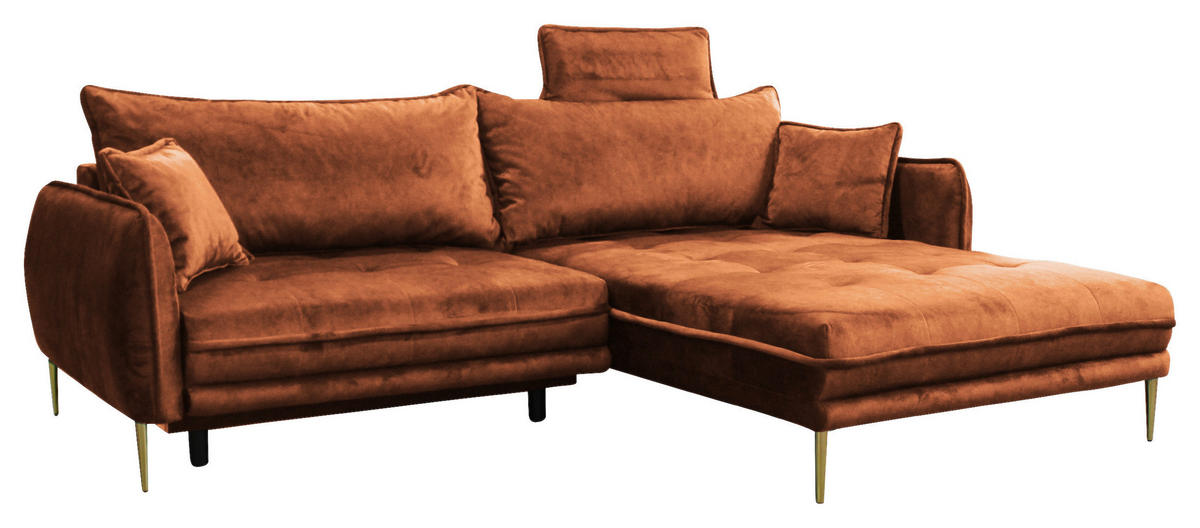 ECKSOFA Rostfarben Velours  - Rostfarben/Goldfarben, Design, Textil/Metall (264/196cm) - MID.YOU