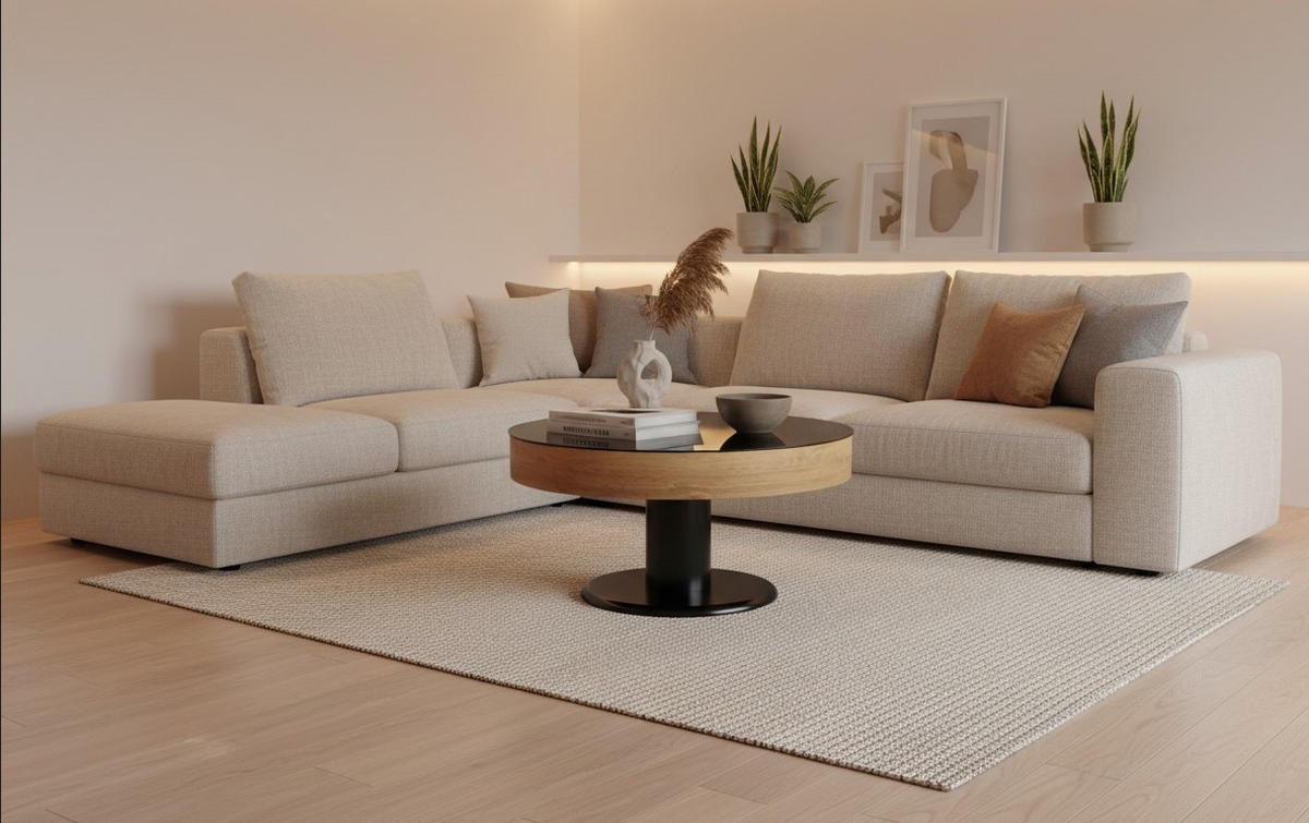 COUCHTISCH ESG 80/80/46 cm rund Schwarz, Eichefarben  - Eichefarben/Schwarz, Design, Glas/Holzwerkstoff (80/80/46cm) - MID.YOU