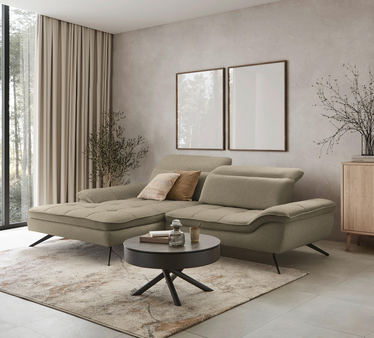 ECKSOFA in Chenille Taupe  179-202/288 cm  - Taupe/Schwarz, Design, Textil/Metall (179-202/288cm) - Stylife