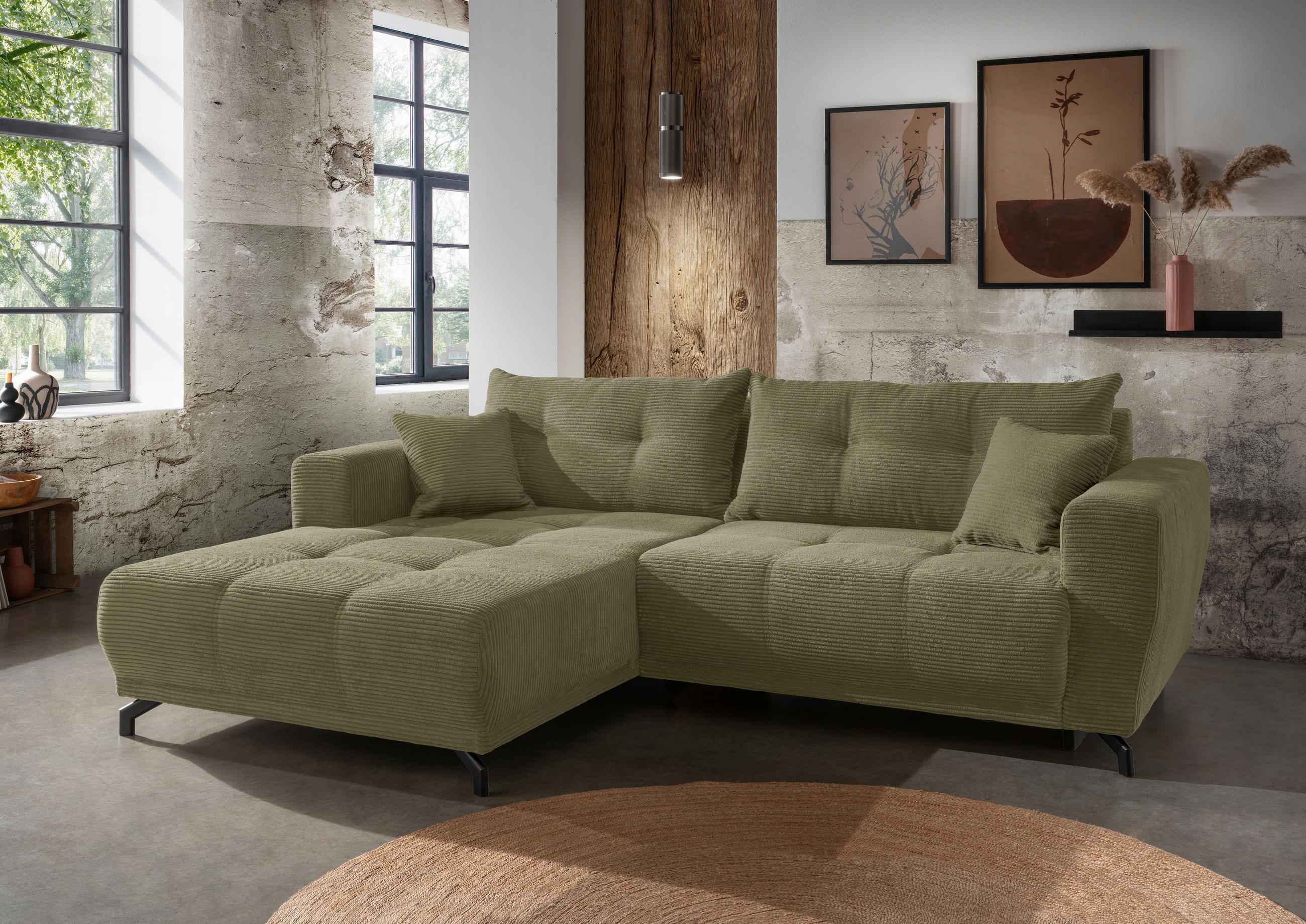 ECKSOFA Olivgrün Cord  - Schwarz/Olivgrün, MODERN, Holz/Textil (177/246cm) - MID.YOU