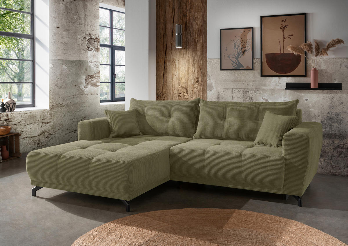 ECKSOFA in Cord Olivgrün  177/246 cm  - Schwarz/Olivgrün, MODERN, Holz/Textil (177/246cm) - MID.YOU