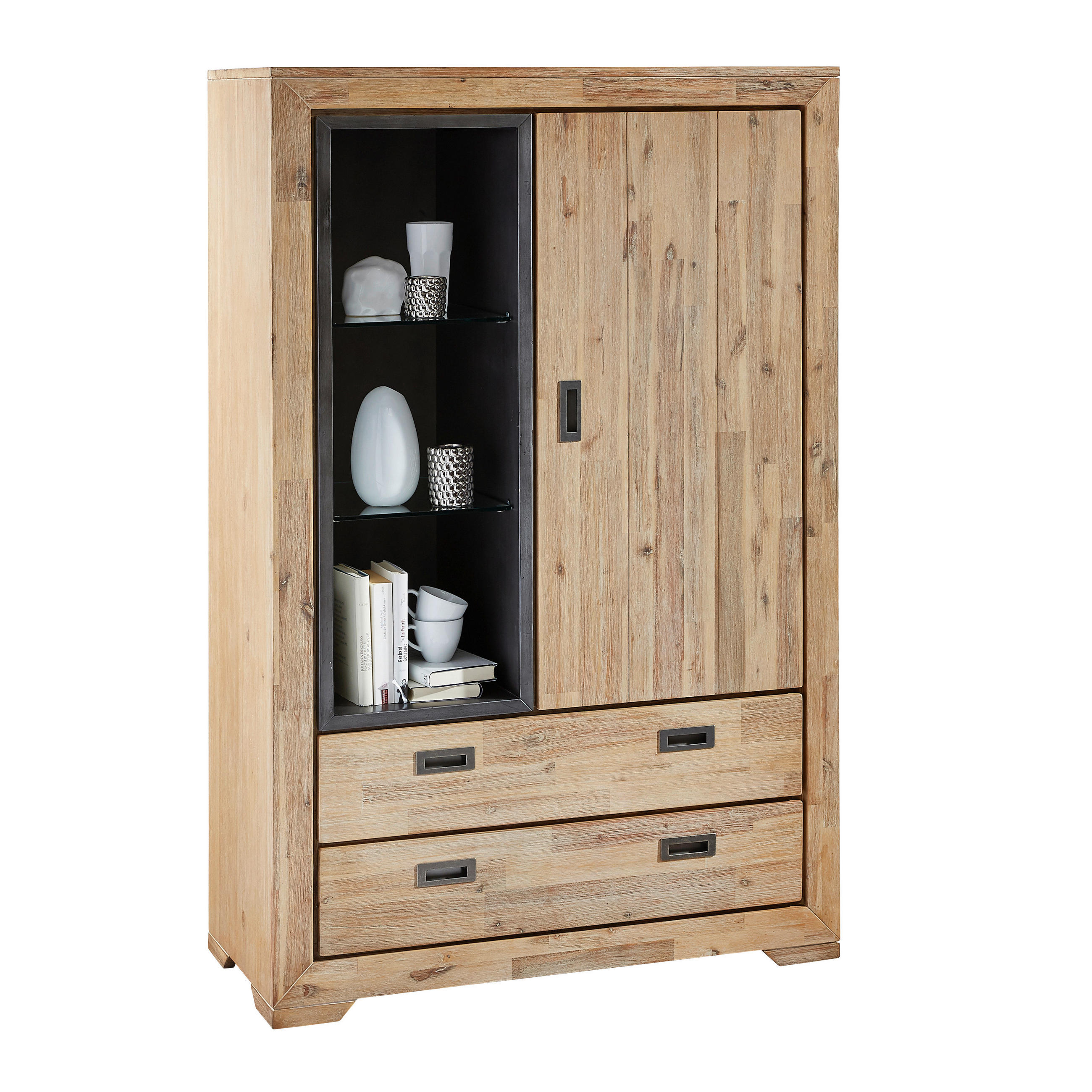 FÉLMAGAS SZEKRÉNY 105/160/45 cm  - akáciaszínű/sötétszürke, Lifestyle, faalapú anyag/üveg (105/160/45cm) - Landscape