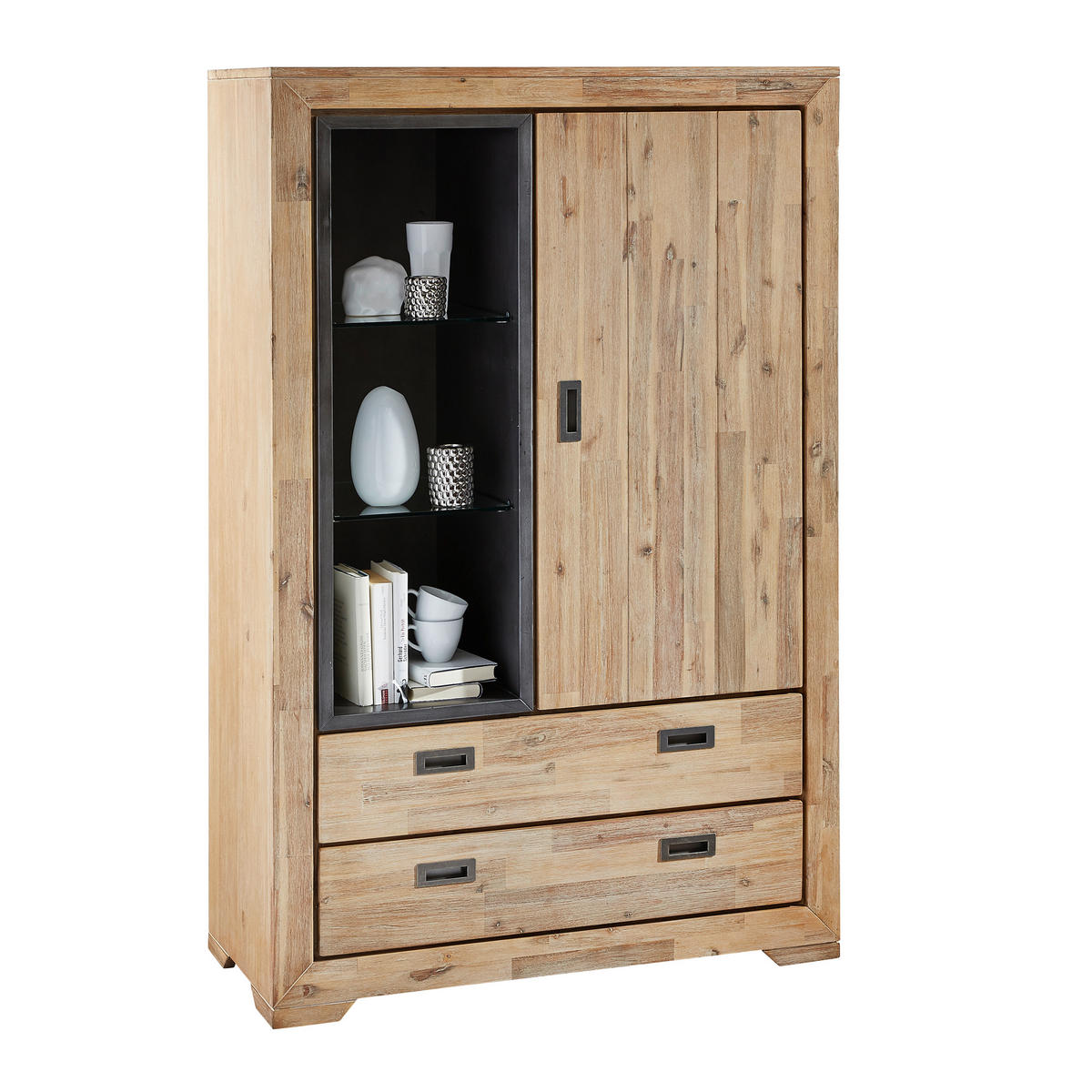 FÉLMAGAS SZEKRÉNY 105/160/45 cm  - akáciaszínű/sötétszürke, Lifestyle, faalapú anyag/üveg (105/160/45cm) - Landscape