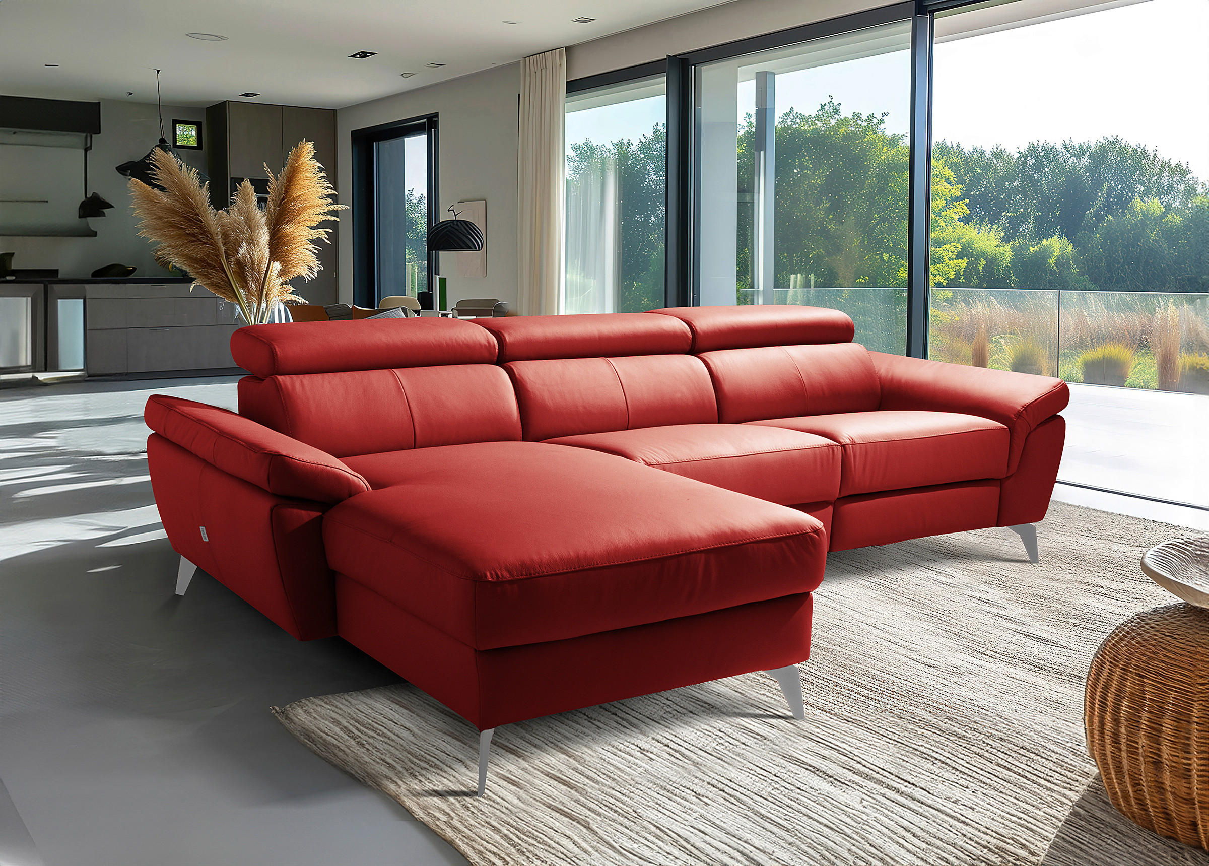 ECKSOFA Rot Echtleder Lederlook Rücken echt, Armteilverstellung, Relaxfunktion, Kopfteilverstellung  - Chromfarben/Rot, Design, Leder/Textil (179/252cm) - Livetastic