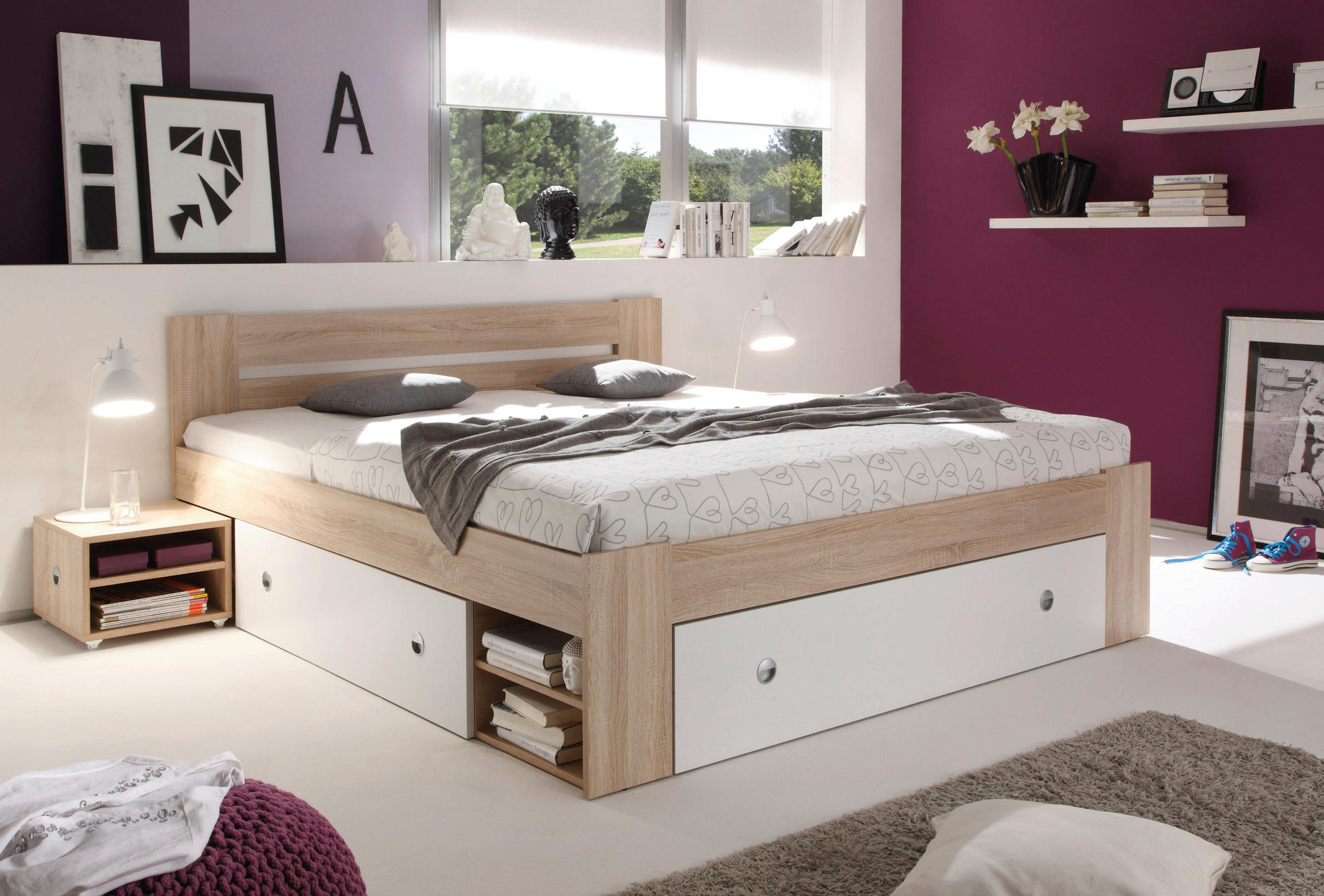 ZOSTAVA S POSTEĽOU, 140/200 cm, biela, farba duba - biela/farba duba, Design, kompozitné drevo (140/200cm) - Cantus
