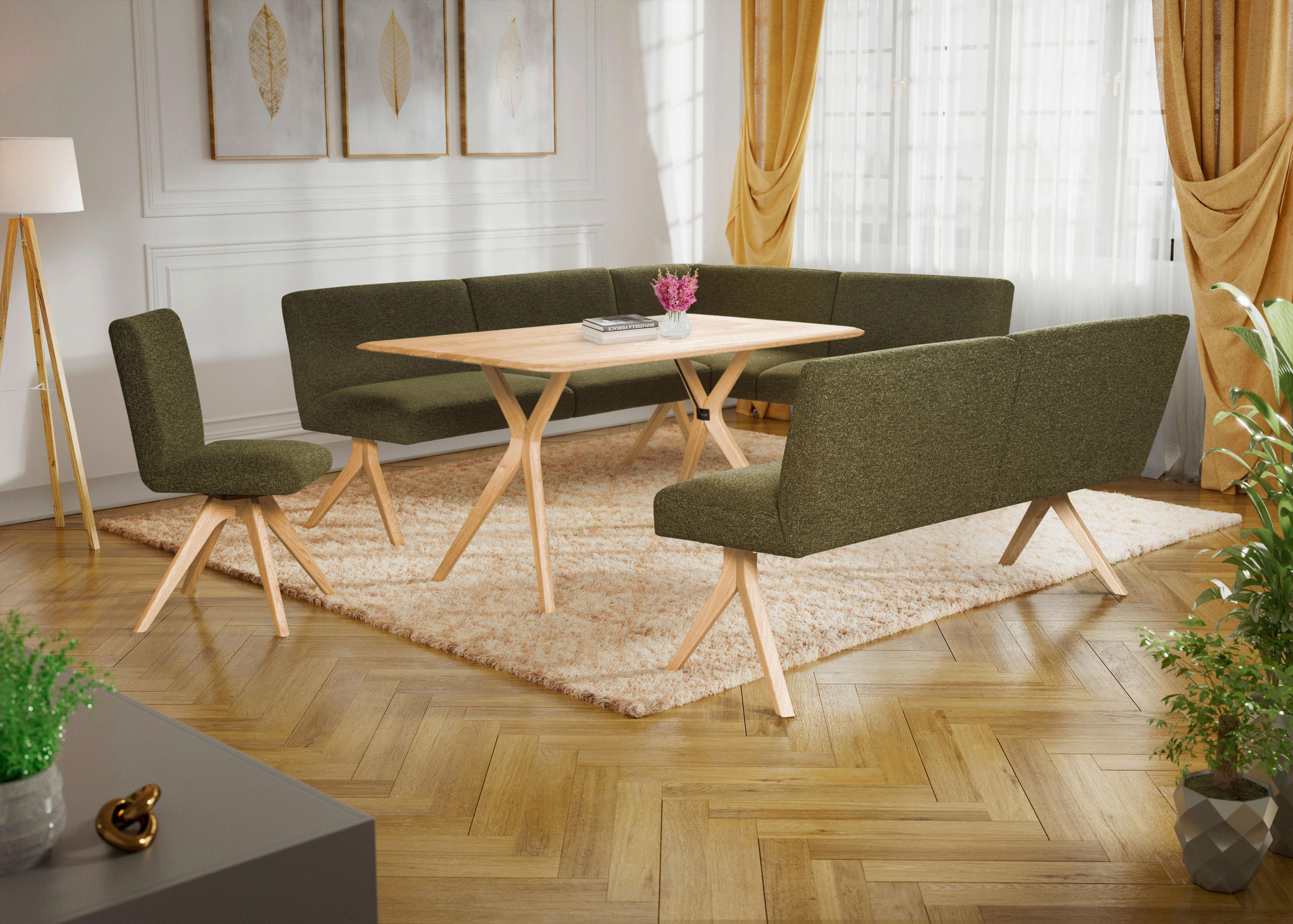 ECKBANK 238/172 cm Webstoff Grün Eiche vollmassiv   - Eichefarben/Grün, KONVENTIONELL, Holz/Textil (238/172cm) - Linea Natura