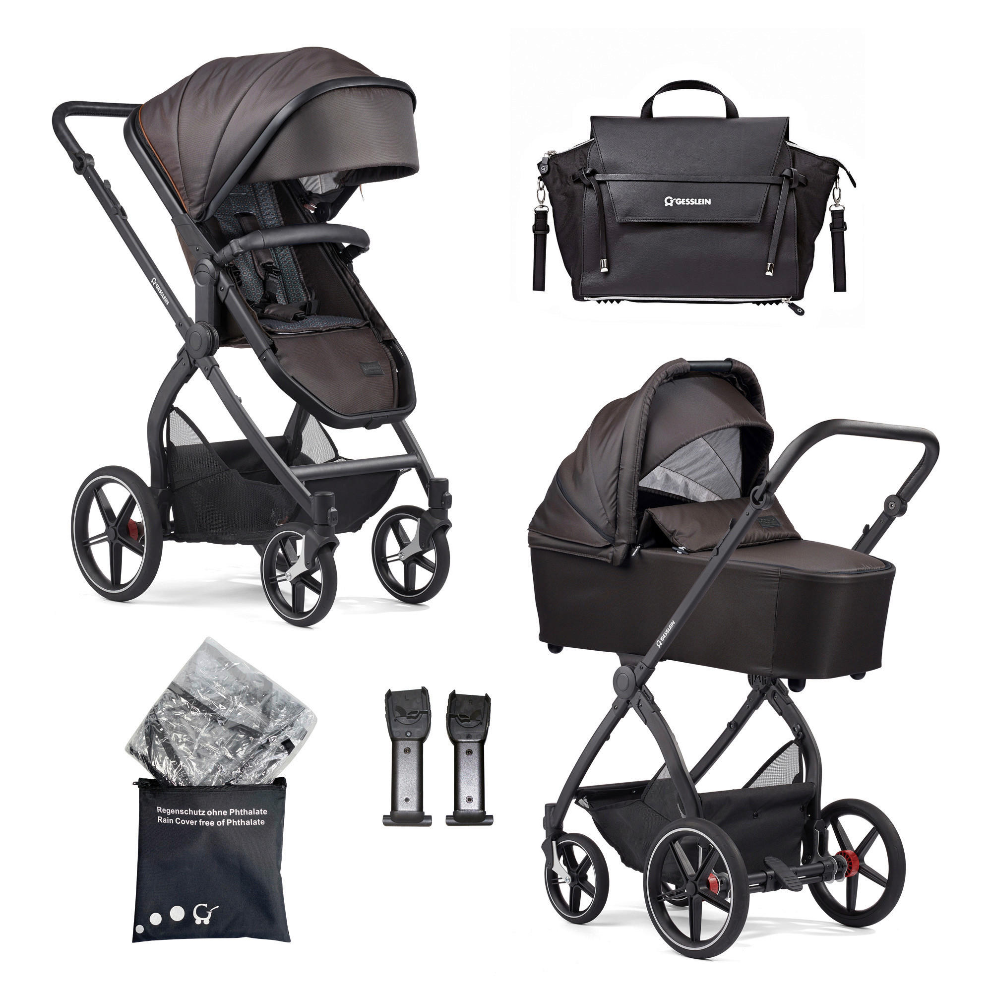 KINDERWAGENSET FX4 Life  - Dunkelbraun/Schwarz, Basics, Textil/Metall (57/129/100cm) - Gesslein