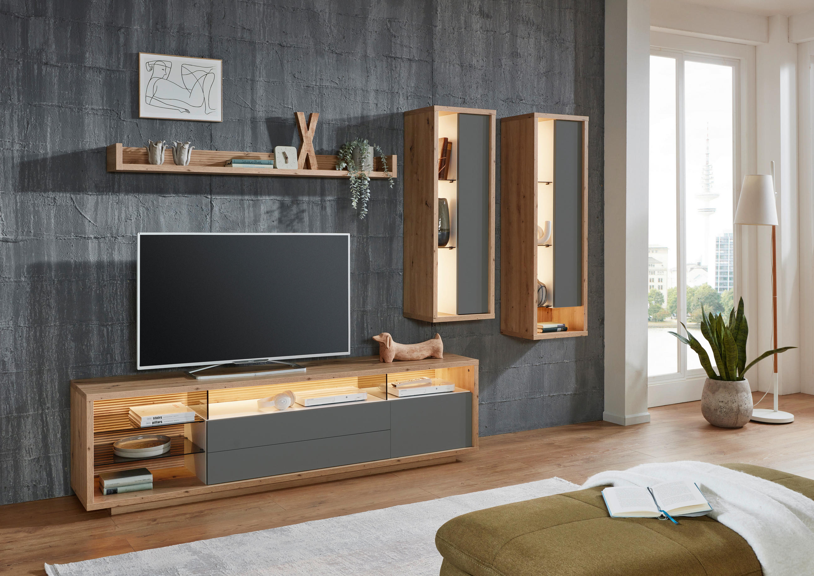WOHNWAND  in Grau, Eiche Artisan 300/183,6/42 cm  - Eiche Artisan/Grau, Design, Glas/Holzwerkstoff (300/183,6/42cm) - Stylife