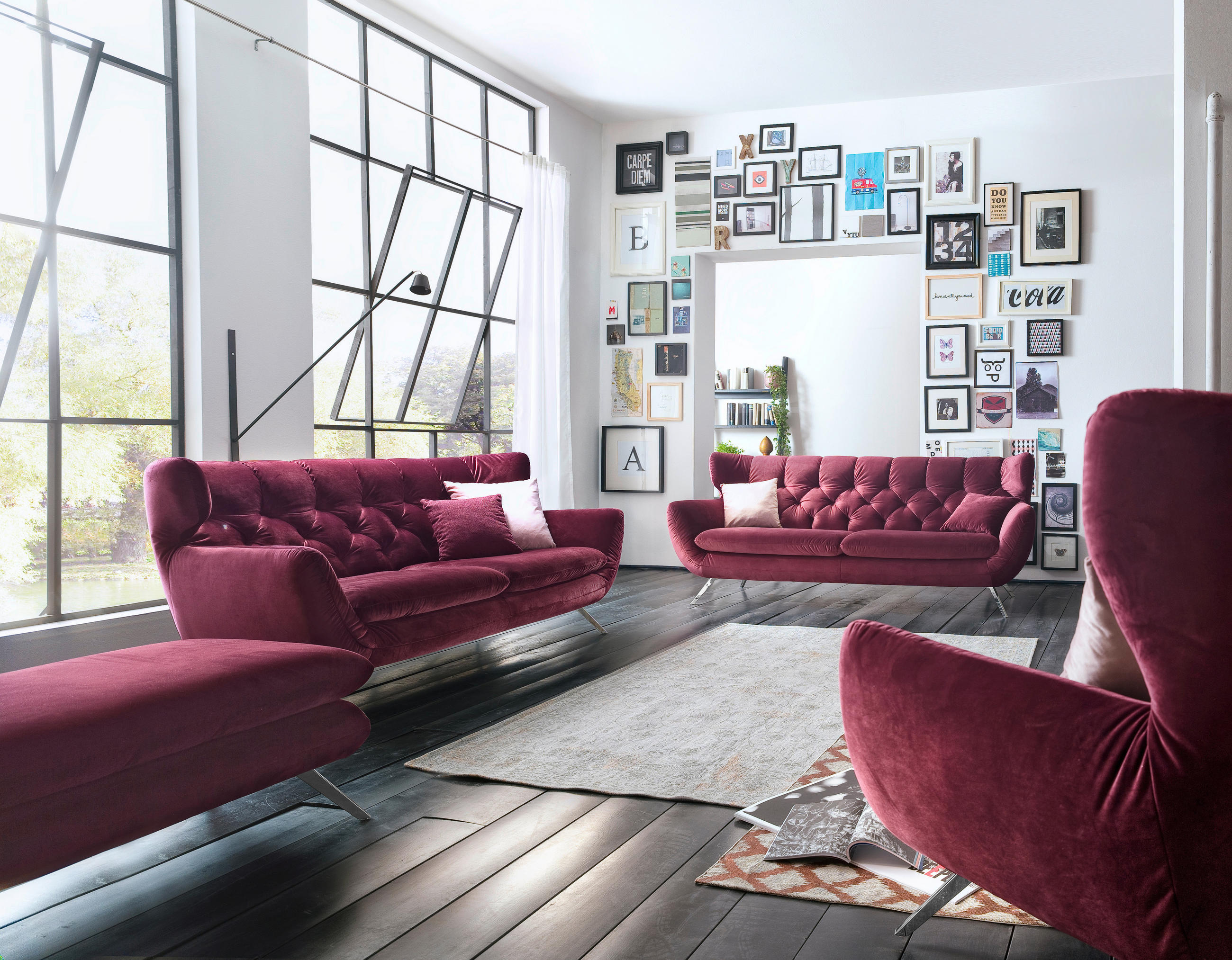CHESTERFIELD-SOFA in Velours Lila  - Lila/Schwarz, Design, Textil/Metall (225/94/95cm) - Pure Home Lifestyle