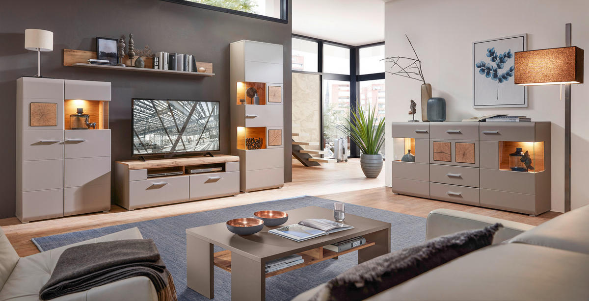 SET MOBILA LIVING in gri, culoare lemn stejar  - culoare crom/culoare lemn stejar, Modern, metal/material pe bază de lemn (325/205/47cm) - Hom`in
