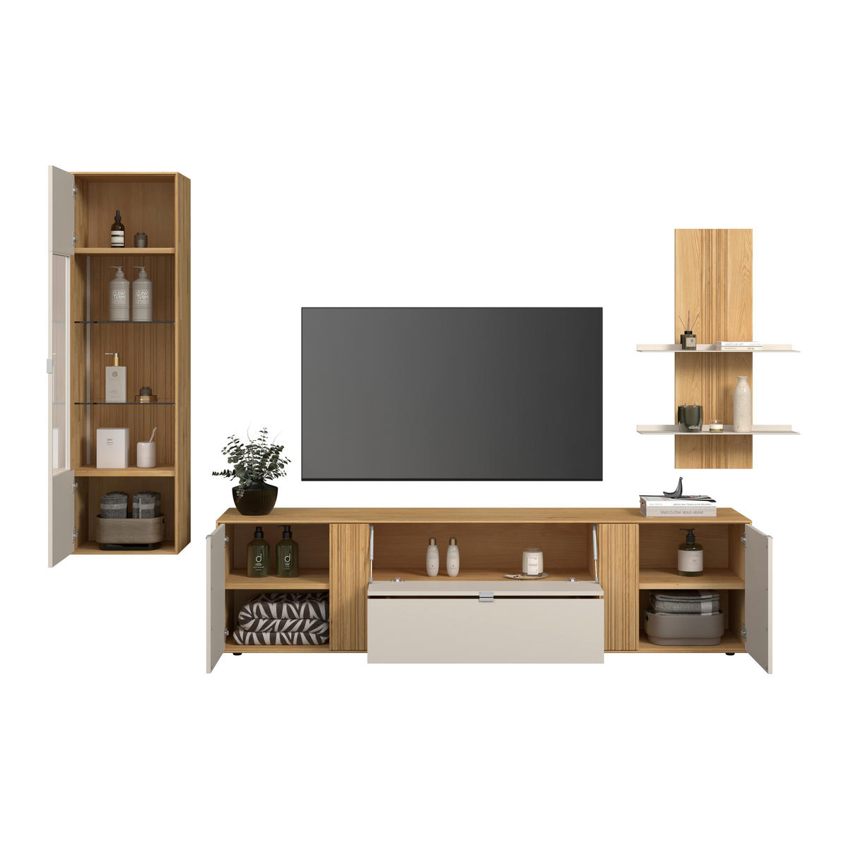 WOHNWAND  Kaschmir, Wildeiche 306,3/203,5/45,2 cm    - Kaschmir/Wildeiche, Design, Glas/Holz (306,3/203,5/45,2cm) - Dieter Knoll