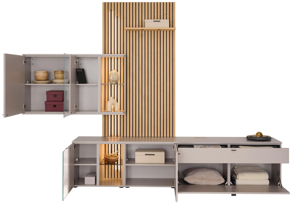 WOHNWAND  Eichefarben, Seidengrau 300/224/43 cm  - Eichefarben/Seidengrau, Design, Glas/Holz (300/224/43cm) - Venjakob