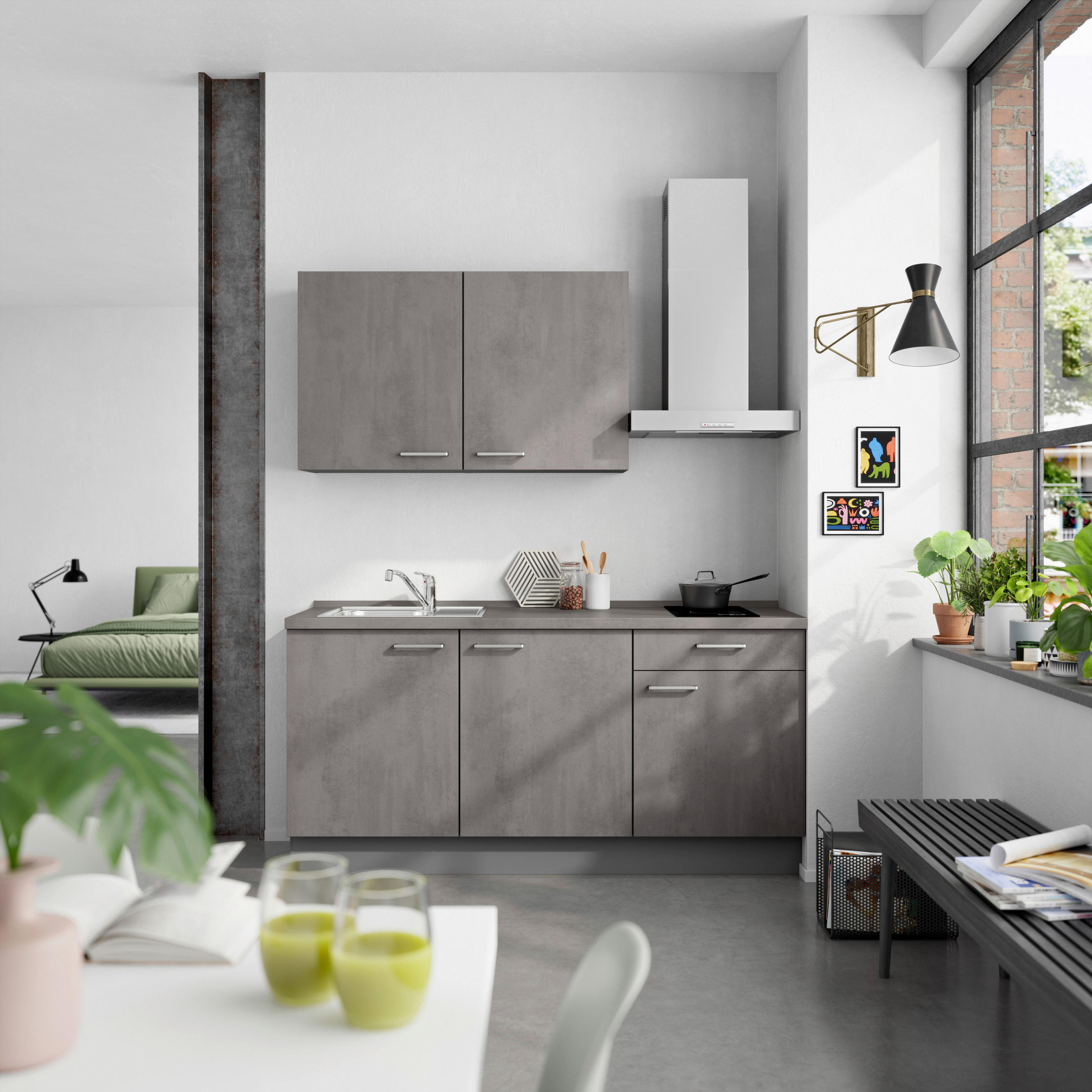 KÜCHENBLOCK Riva 180 cm  in Schieferfarben  - Schieferfarben/Edelstahlfarben, MODERN, Holzwerkstoff/Metall (180cm) - Nobilia