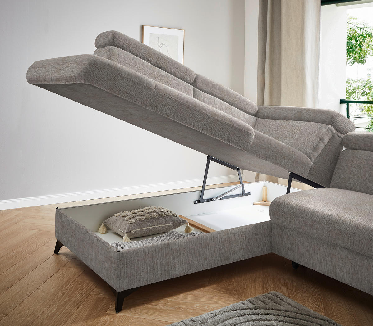 ECKSOFA in Flachgewebe Hellgrau  - Hellgrau/Schwarz, Design, Textil/Metall (203/260cm) - Stylife