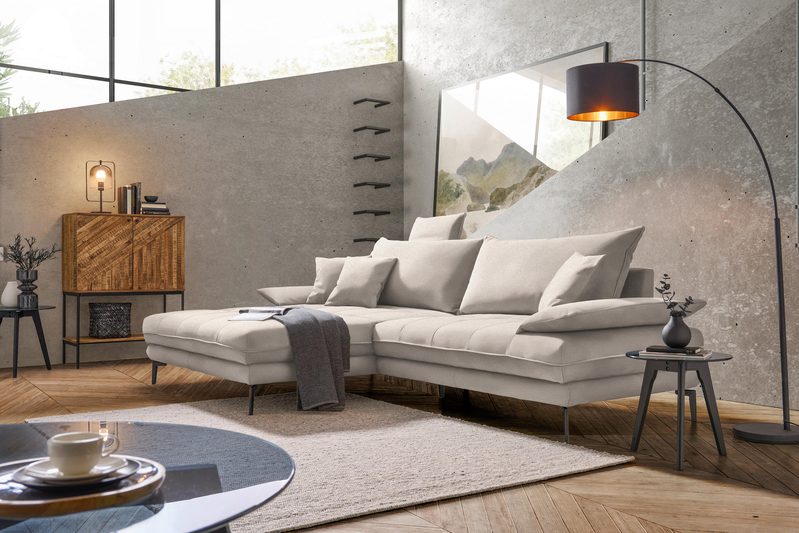 ECKSOFA PRATO Beige Mikrofaser  - Beige/Schwarz, MODERN, Textil/Metall (176/292cm) - MID.YOU