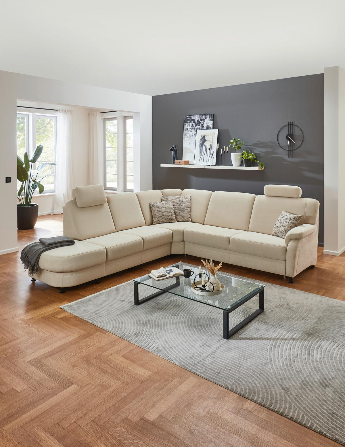 ECKSOFA in Flachgewebe Beige  - Beige/Schwarz, Konventionell, Textil/Metall (287/269cm) - Beldomo System