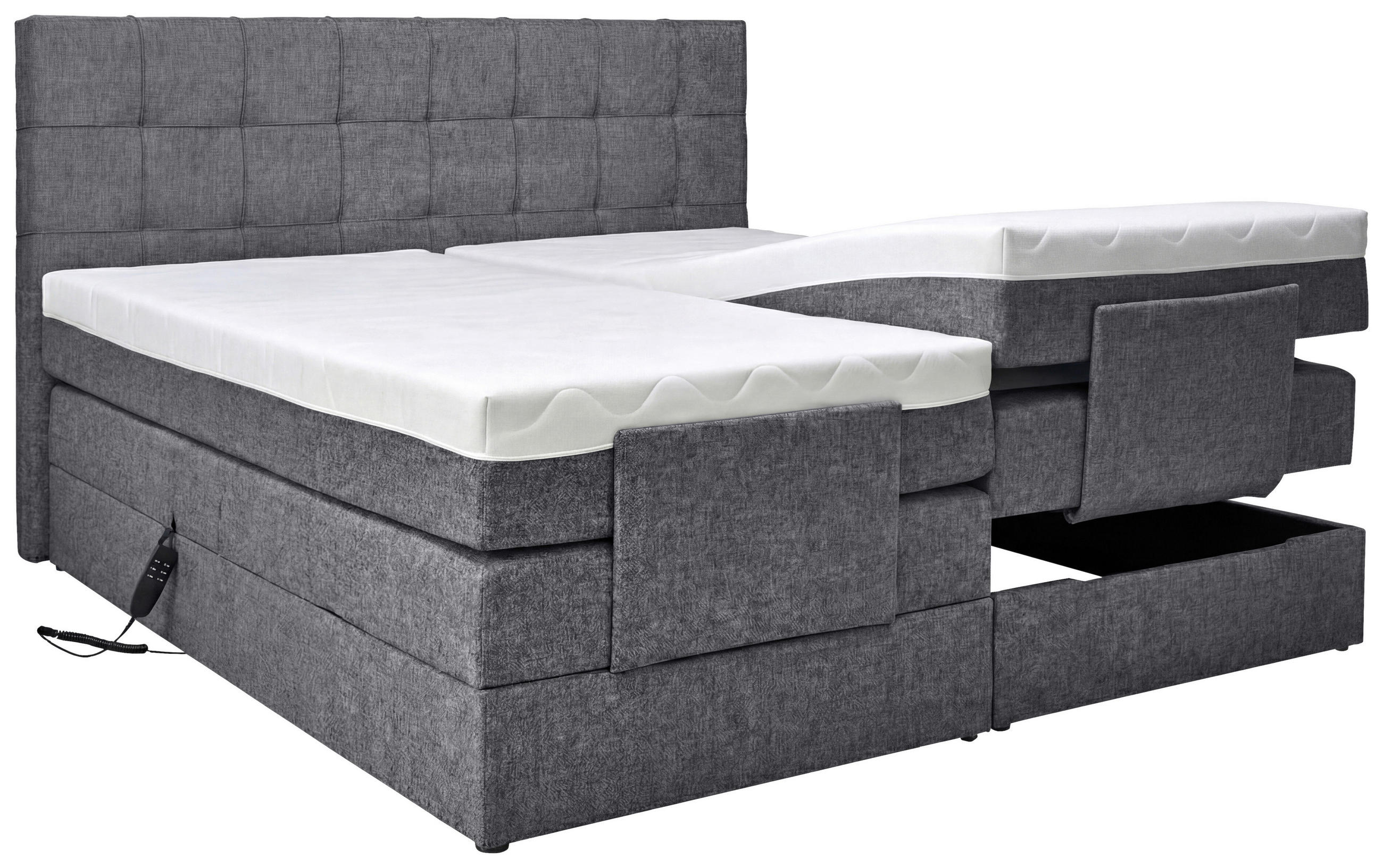 BOXSPRINGBETT 160/200 cm,  in Dunkelgrau, gepolstertes Kopfteil, Topper, motorische Verstellbarkeit, Fernbedienung, Matratzen, H3 = fest  - Dunkelgrau/Schwarz, KONVENTIONELL, Kunststoff/Textil (160/200cm) - Moderano
