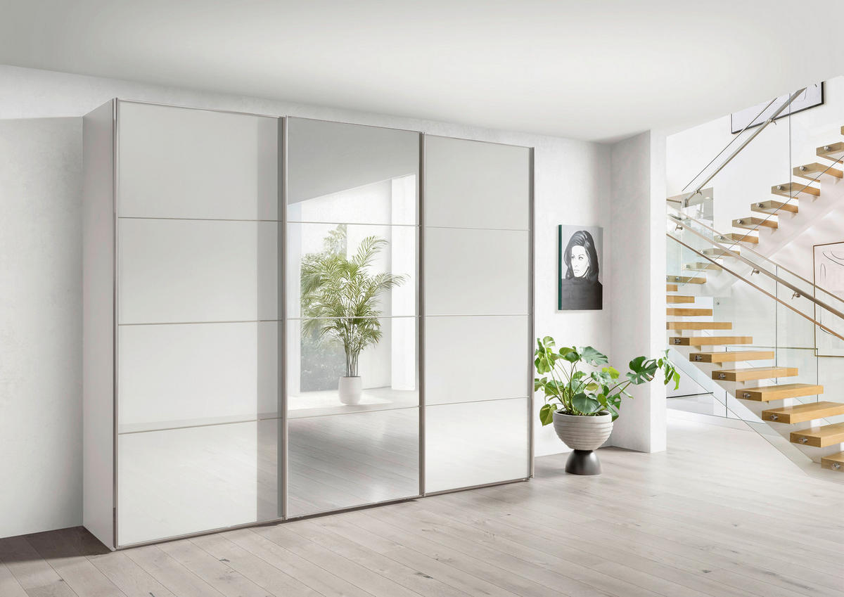 SCHWEBETÜRENSCHRANK 225/217/67 cm,  in Weiß, 3 Tür(en)  - Chromfarben/Weiß, MODERN, Glas/Holzwerkstoff (225/217/67cm) - Chameo