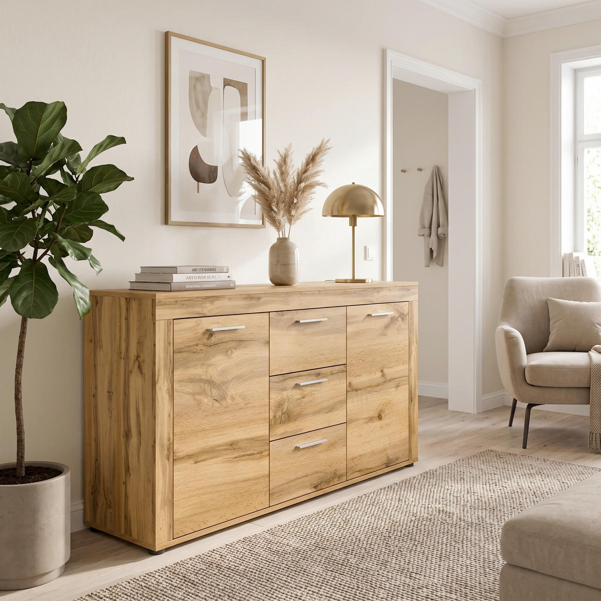 KOMODA   125/80/35 cm   hrast Wotan  - srebrne boje/crna, Design, drvni materijal/plastika (125/80/35cm) - Modern Living