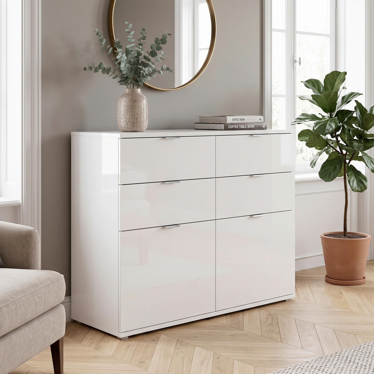 KOMMODE 120/85/37 cm 4 Schublade(n)  - Weiss Hochglanz/Chromfarben, Design, Holzwerkstoff/Kunststoff (120/85/37cm) - Livetastic