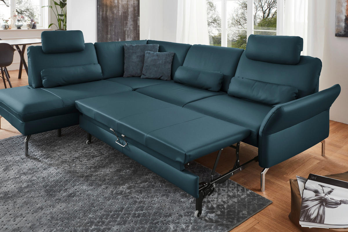 ECKSOFA in Echtleder Blau  - Blau/Alufarben, Konventionell, Leder/Metall (220/284cm) - Beldomo Premium