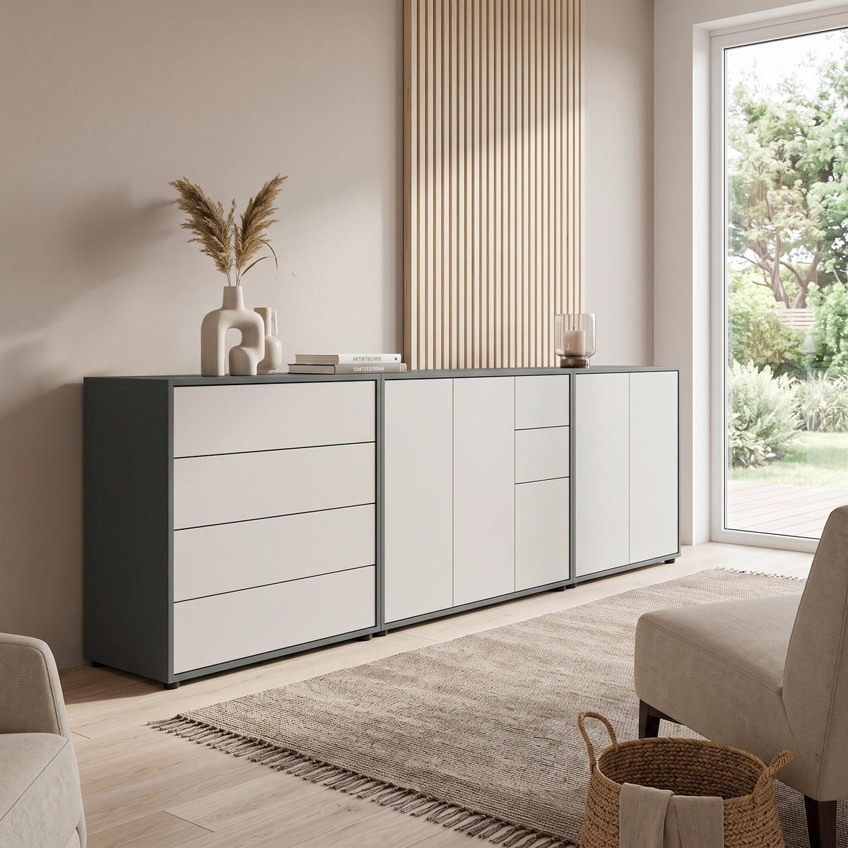 ŠIROKÁ KOMODA, antracitová, bílá, 263,5/73/33 cm - bílá/černá, Moderní, kompozitní dřevo (263,5/73/33cm) - MID.YOU