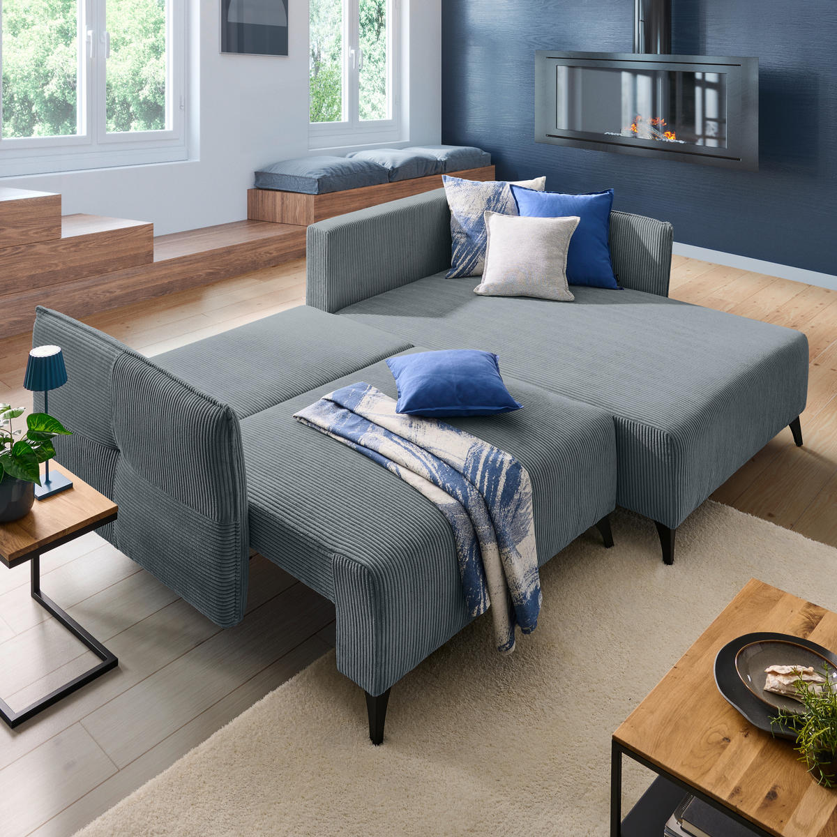 ECKSOFA Dunkelgrau Cord  - Dunkelgrau/Schwarz, Design, Textil/Metall (254/175cm) - Stylife