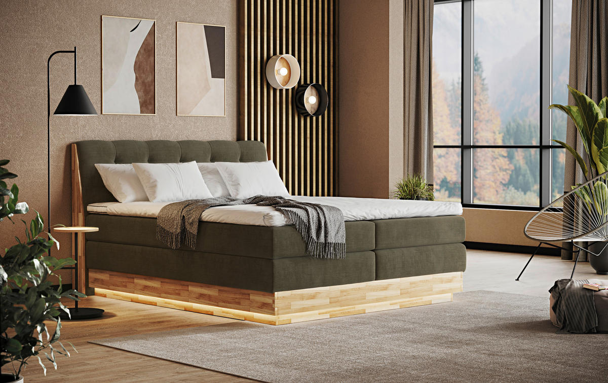 BOXSPRING-ÁGY 180/200 cm  zöld  - fekete/zöld, Natur, textil/fa (180/200cm)