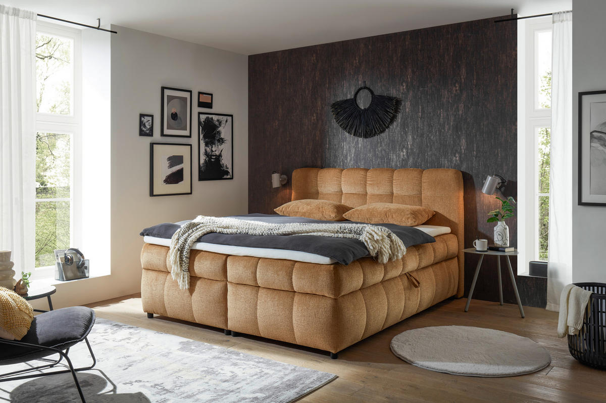 BOXBETT 180/200 cm,  in Honig, Bettkasten, Topper, H2 + H2 = mittel  - Schwarz/Honig, Design, Kunststoff/Textil (180/200cm) - Esposa