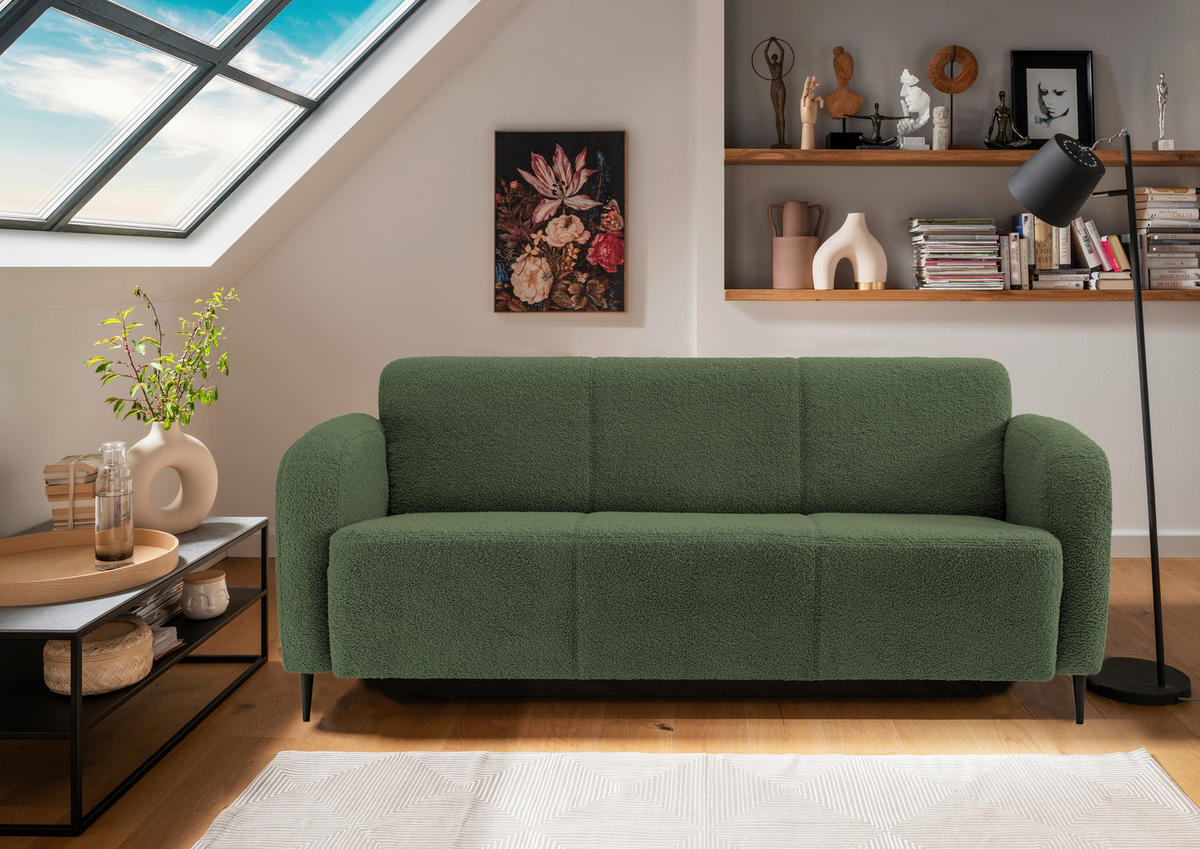 3-SITZER-SOFA in Teddystoff Dunkelgrün  - Dunkelgrün/Schwarz, Modern, Textil/Metall (180/76/90cm) - Livetastic