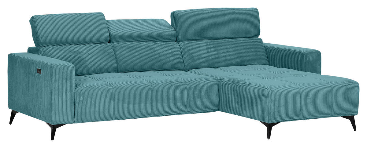 ECKSOFA Petrol Cord Rücken echt, Kopfteilverstellung, Sitzvorzug  - Petrol/Schwarz, KONVENTIONELL, Textil/Metall (257/170cm) - Carryhome