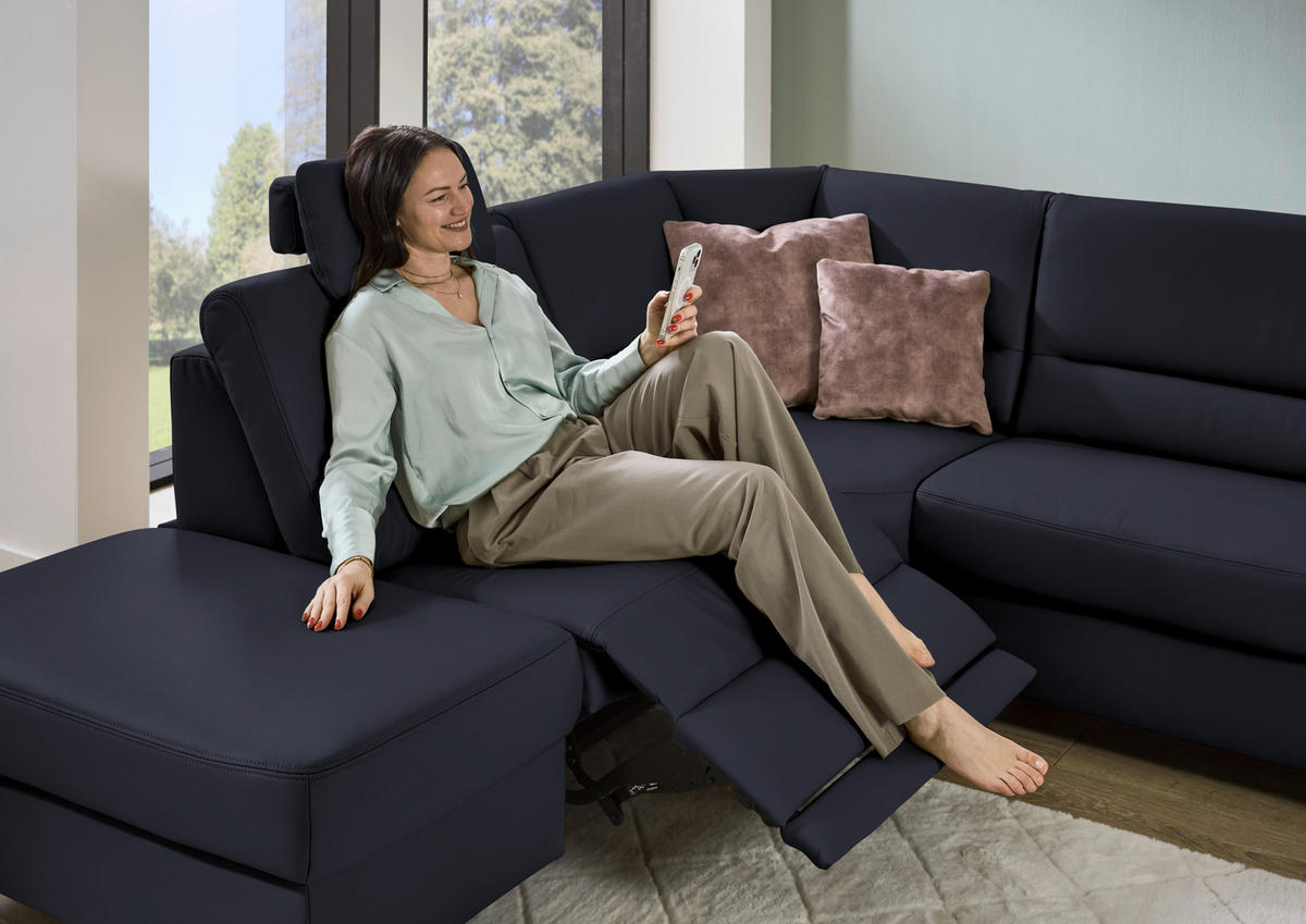 ECKSOFA  in Echtleder Dunkelblau  249/290 cm  - Schwarz/Dunkelblau, KONVENTIONELL, Leder/Metall (249/290cm) - Beldomo Premium